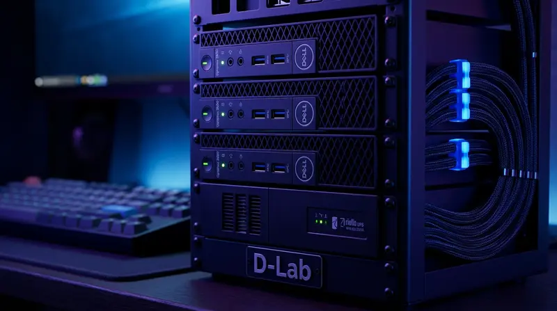 Rack de servidores del laboratorio con LEDs azules y cableado ordenado